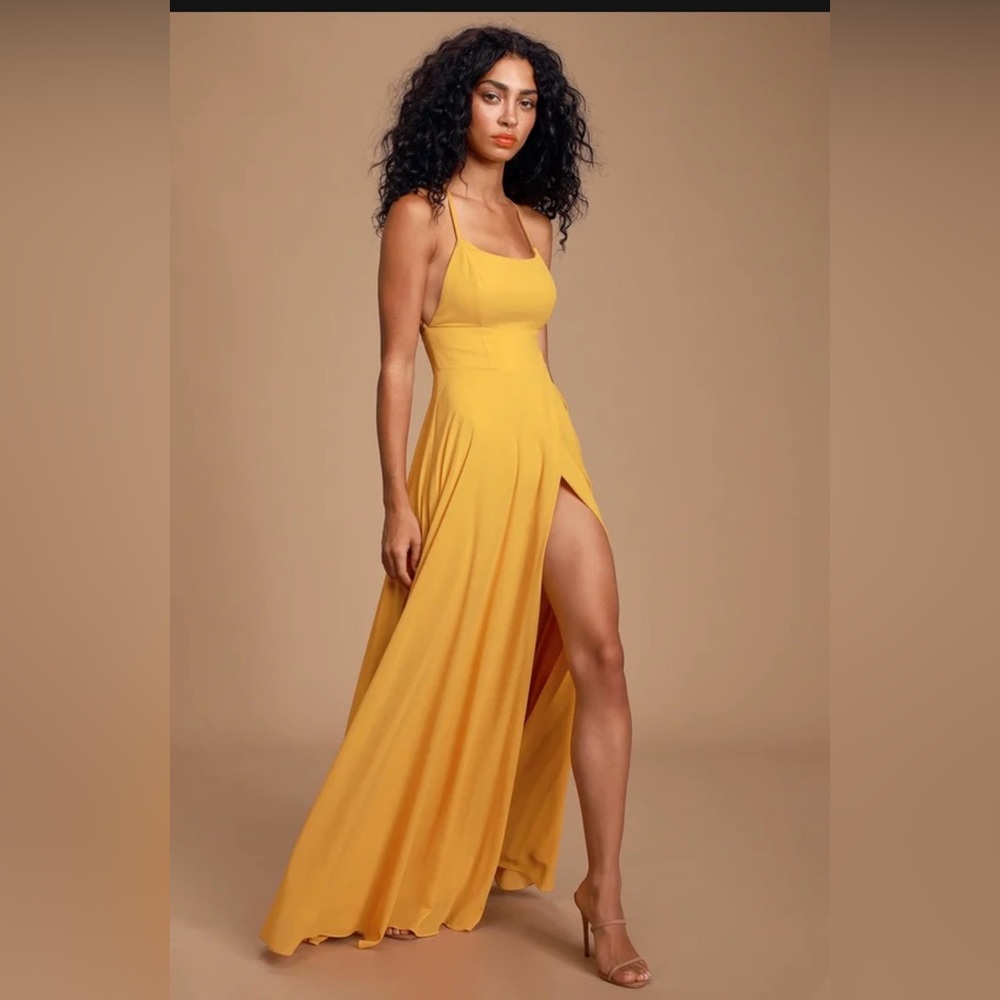 Lulus Dreamy Romance Mustard Yellow Backless Maxi Dress